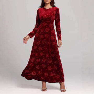 Women’s Full-Length Dress – Velvet A-Line Fit – Floral Embossed – Long Sleeve Elegance