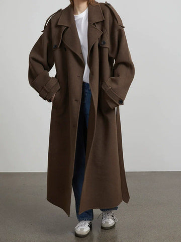 Women’s Long Coat – Oversized Fit – Wool Blend – Double-Breasted Belted Trench Style
