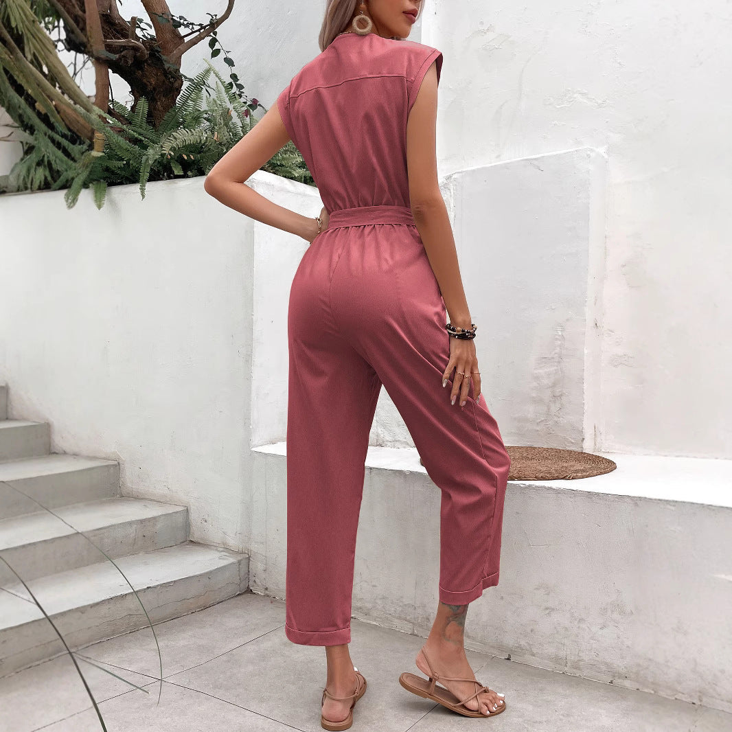 Women’s Jumpsuit – Sleeveless V-Neck – Relaxed Fit – Tie Waist – Ankle Length – Cotton Linen