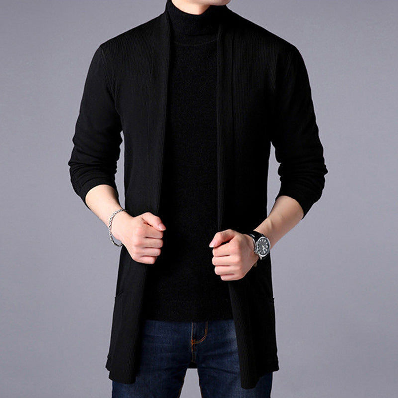 Men’s Long Cardigan – Relaxed Fit – Knitted Cotton Blend – Open Front Layering Piece