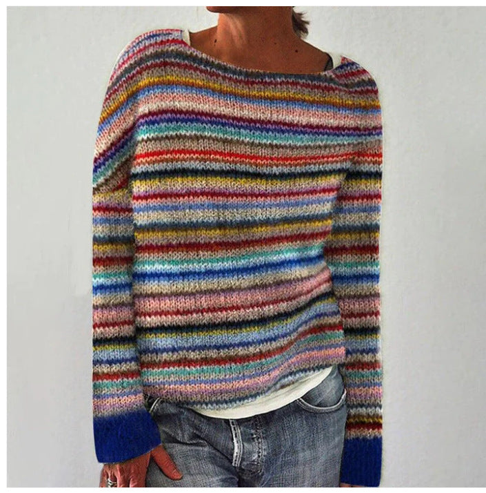 Women's Knit Striped Round Neck Loose Pullover Sweater