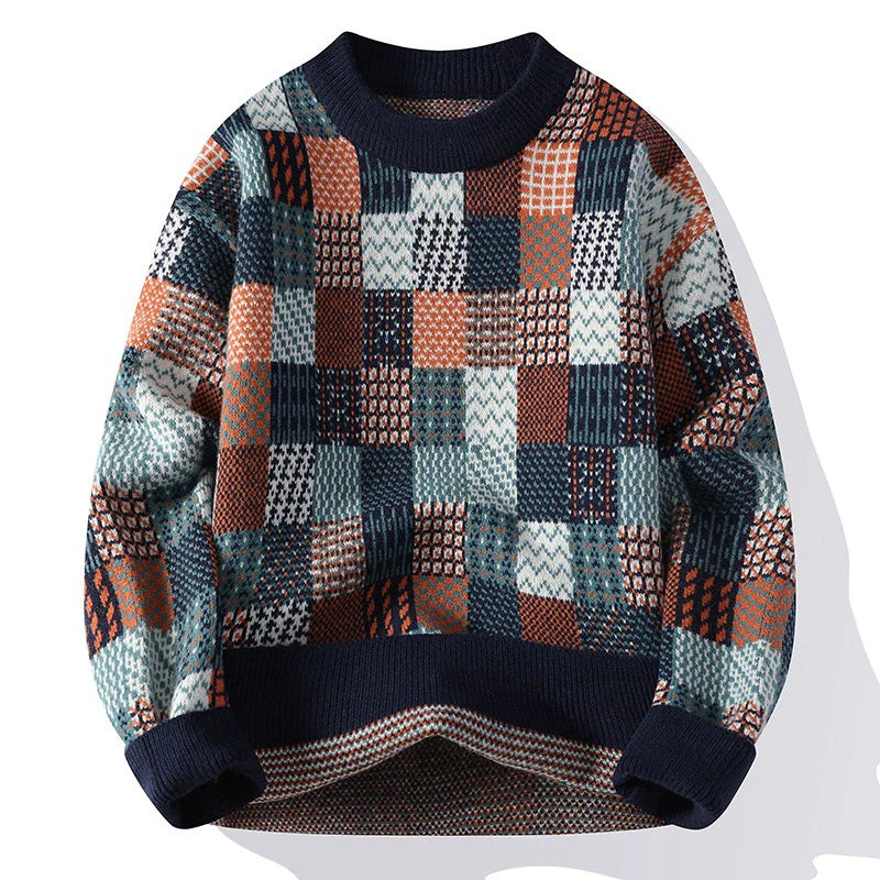 Men’s Pullover Sweater – Relaxed Fit – Wool Knit – Checkerboard Patchwork – Crew Neck