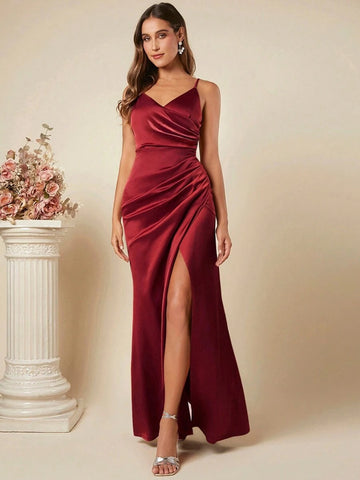Women's Satin Slip Dress - Spaghetti Straps - Draped Neckline - Ruched Backless Gown