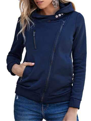 Women’s Hooded Sweatshirt – Slim Fit – Asymmetric Zip – Zipper Pockets – Cotton Blend