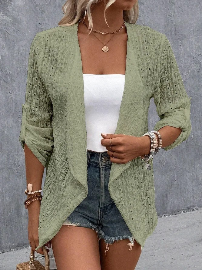 Women’s Cardigan – Crochet Knit – Open Front – Relaxed Fit – Three-Quarter Sleeve