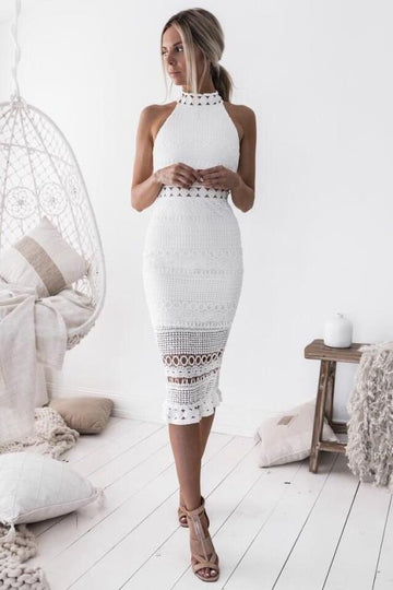Women’s Midi Dress – Slim Fit – Lace Crochet – Halter Neck – Sheer Detailing