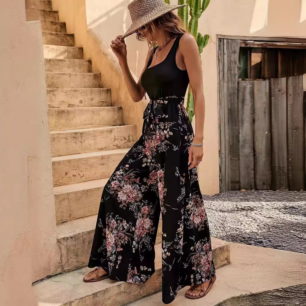 Women’s Jumpsuit – Sleeveless Floral Print – Relaxed Fit – Wide Leg – Defined Waist