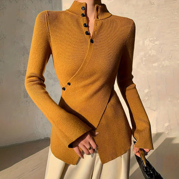 Women’s Knit Top – Slim Fit – High Neck – Long Sleeve – Asymmetric Hem – Button Detail