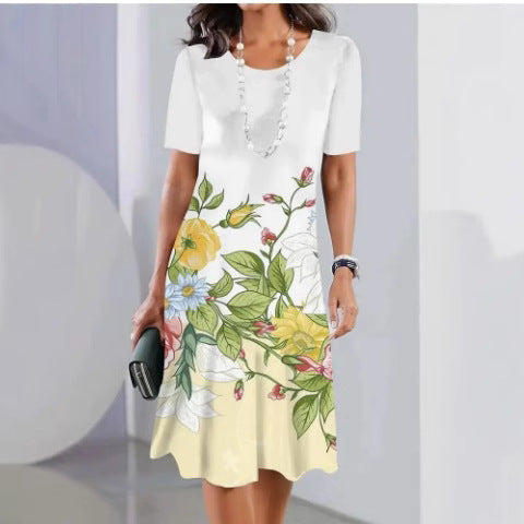 Women’s Knee-Length Dress – Relaxed Fit – Printed Design – Short Sleeve – Breathable Blend