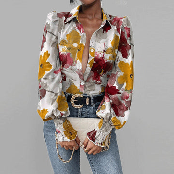 Women’s Button-Down Shirt – Oversized Fit – Puff Sleeve – Floral Print – Smocked Cuffs