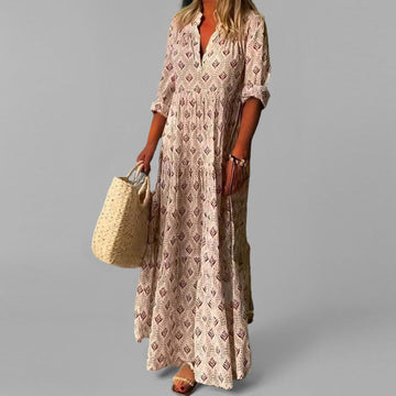 Women’s Maxi Dress – Relaxed Fit – V-Neck – Long Sleeve – Vintage Print – Natural Fibres