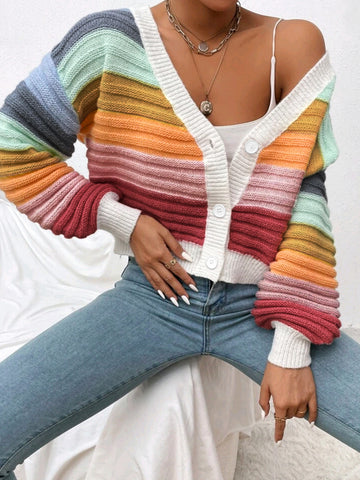 Women’s Knit Cardigan – Oversized Fit – Chunky Ribbed – V-Neck Button Front