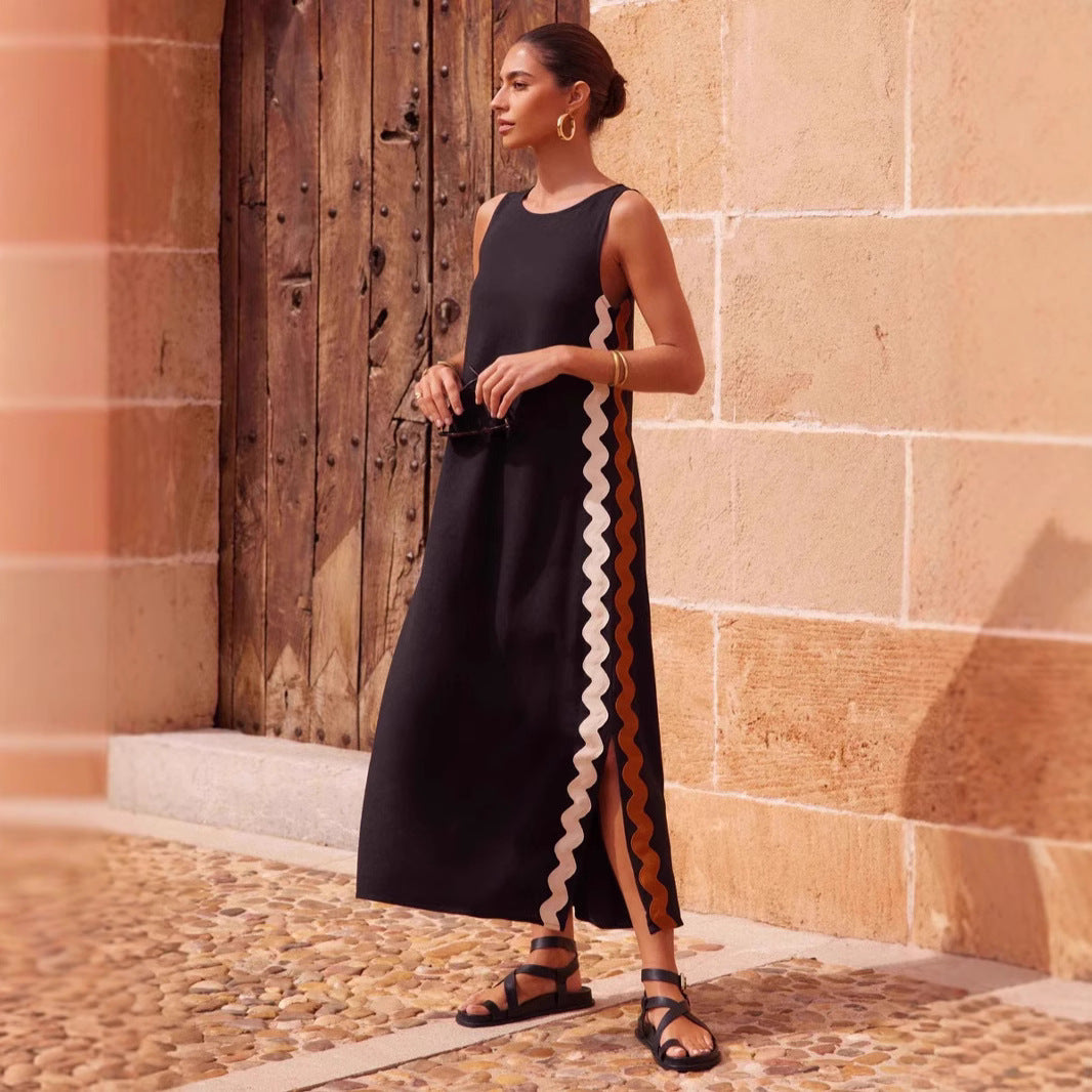 Women’s Sleeveless Dress – Relaxed Fit – Midi Length – Round Neck – Side Stripes