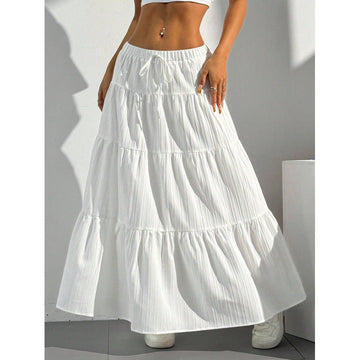 Women’s Long Skirt – Cotton Blend – A-Line Fit – Tiered Layers – Drawstring Waist