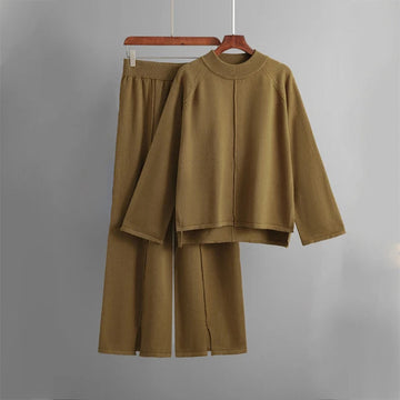 Women’s Lounge Set – Oversized Knit Top and Wide Leg Trousers – Crew Neck Relaxed Fit