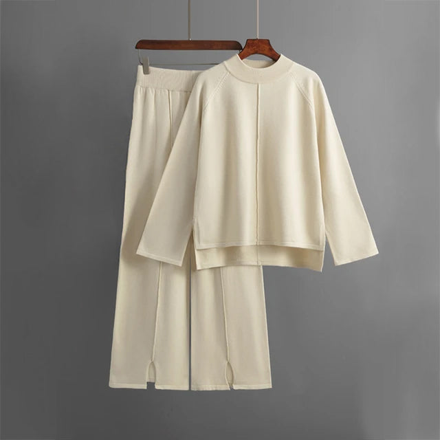 Women’s Lounge Set – Oversized Knit Top and Wide Leg Trousers – Crew Neck Relaxed Fit