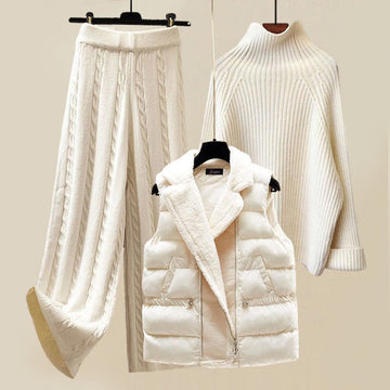 Women’s 3-Piece Lounge Set – Knit Sweater, Cable-Knit Pants, Padded Quilted Vest