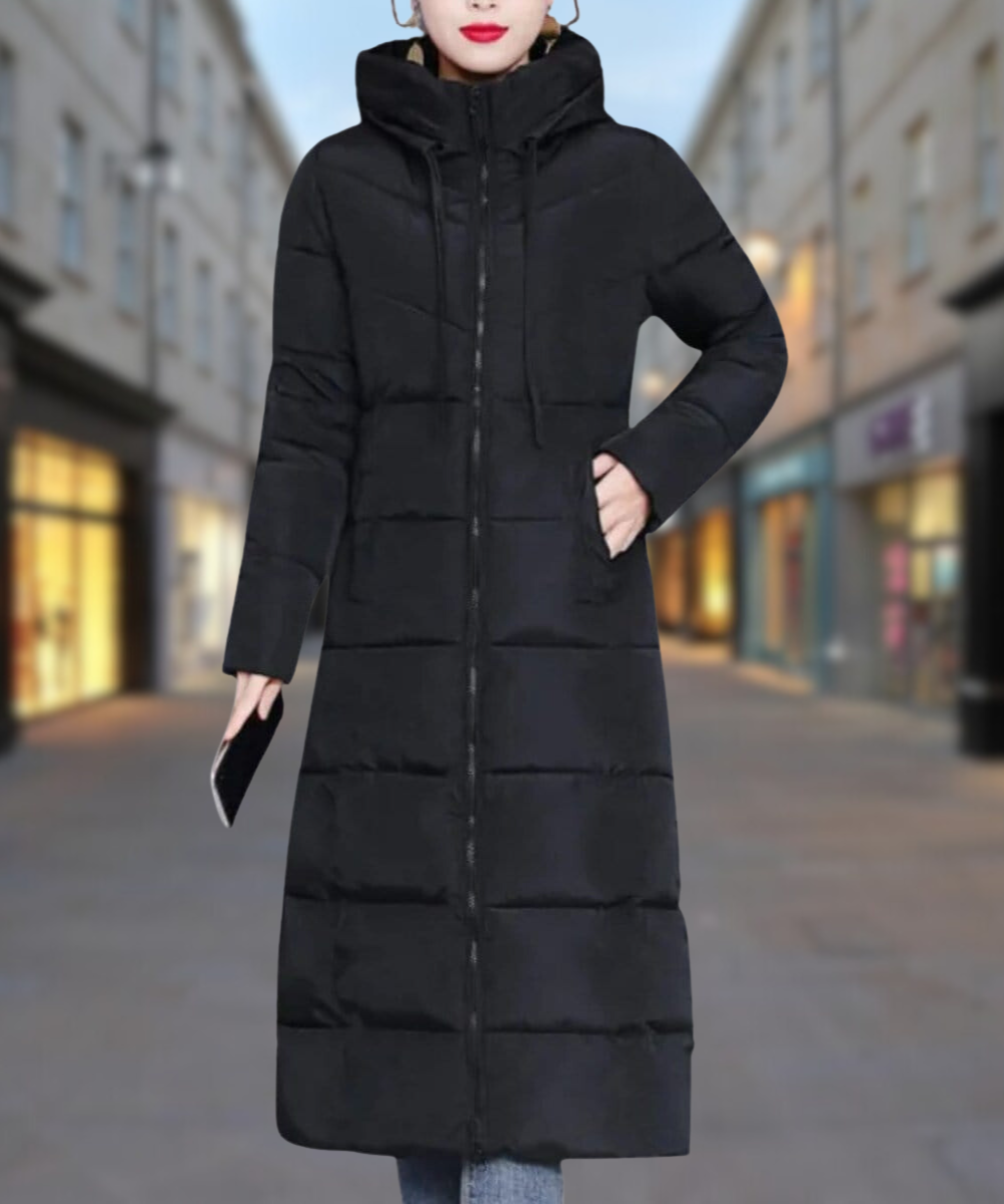 Women's Long Puffer Coat - Quilted Insulated Design - High Collar - Full Zip