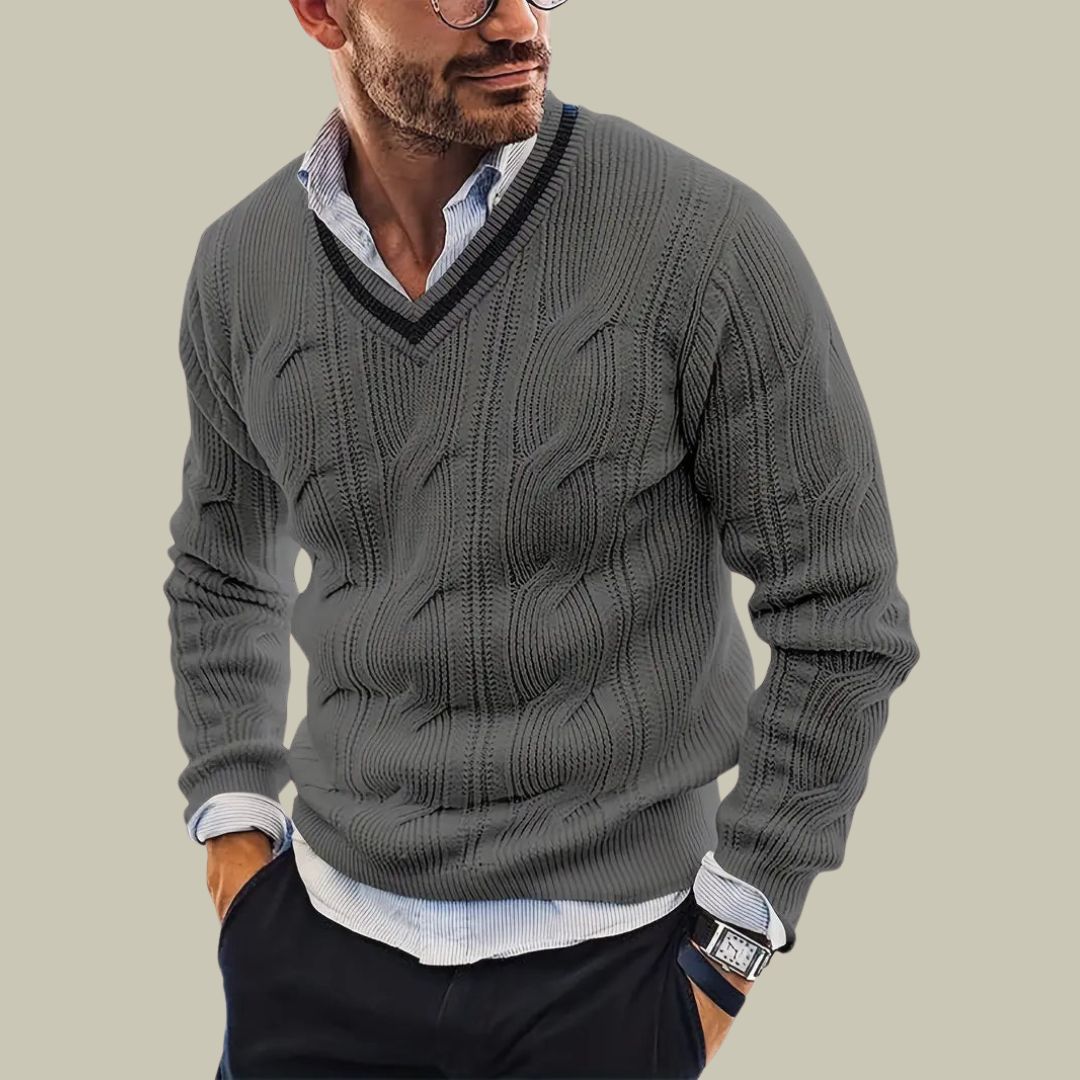 Men’s Knit Sweater – Slim Fit – V-Neck – Cable Knit – Long Sleeve Classic Style