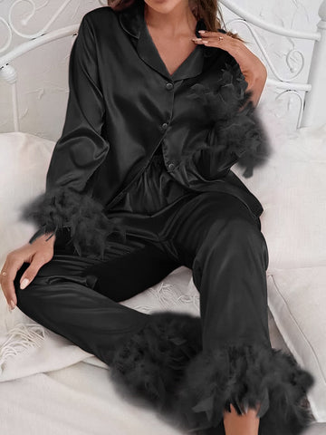 Luxury Satin Sleepwear Set | Stylish Feather-Trimmed Loungewear for Cozy Nights