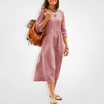 Women's Midi Dress - Lightweight Breathable Fabric - V-Neck - Three-Quarter Sleeve - Gathered Waist