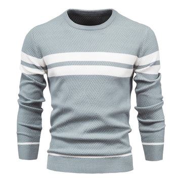 Men’s Sweater – Slim Fit Knit – Ribbed Texture – Crew Neck Stripe Detail