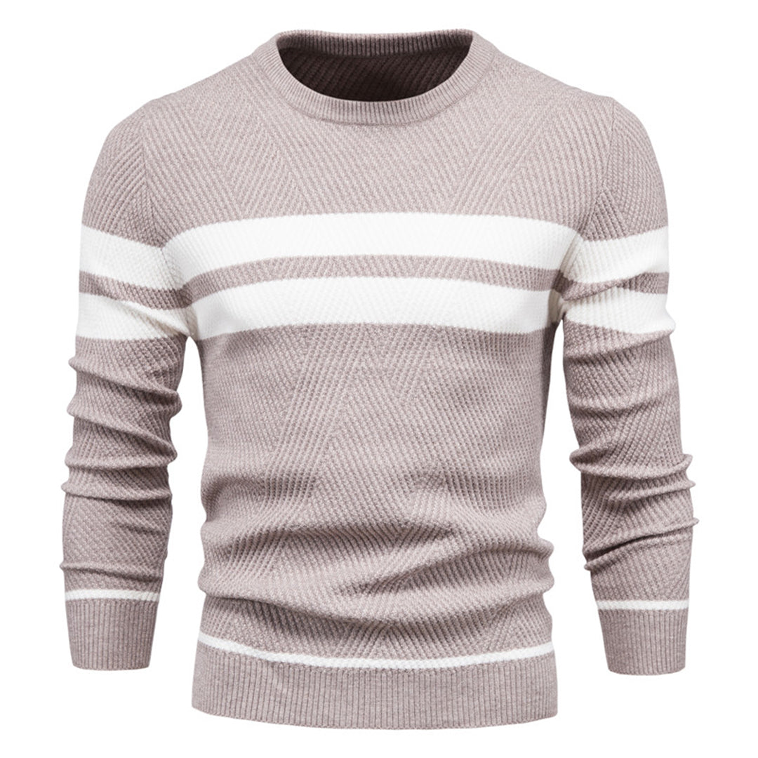 Men’s Sweater – Slim Fit Knit – Ribbed Texture – Crew Neck Stripe Detail