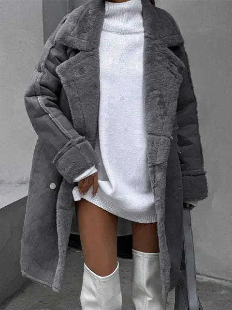 Women’s Long Teddy Coat – Oversized Fit – Plush Shearling – Notched Lapel – Button Front