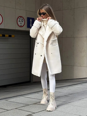 Women’s Long Teddy Coat – Oversized Fit – Plush Shearling – Notched Lapel – Button Front
