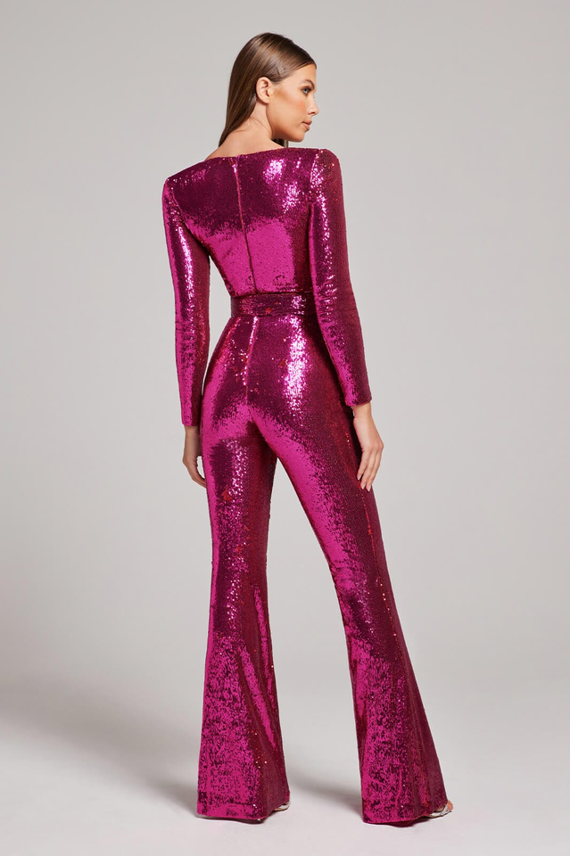 Women's Sequined Jumpsuit - Fitted Waist - Long Sleeve - Flared Leg Elegant Partywear