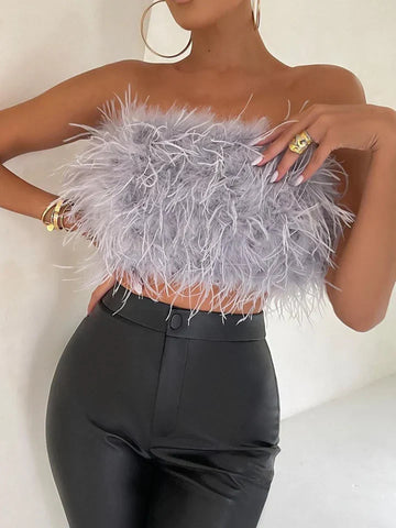 Sexy fluffy fur feather bandeau top for women