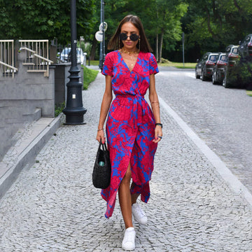 Women's Wrap Dress - Floral V-Neck - Short Sleeve - Adjustable Tie Waist - Midi Length