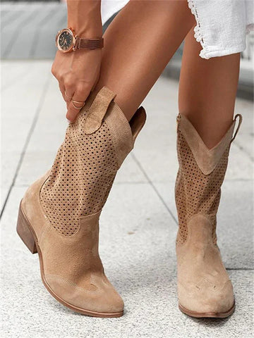 Women's Western Boots - Suede Leather - Mid-Calf - Perforated Design - Block Heel