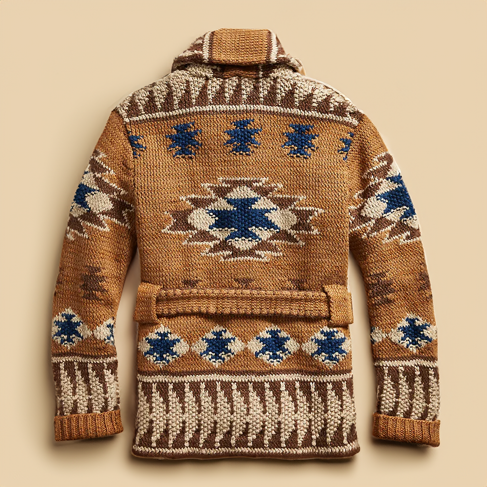 Men’s Jacquard Cardigan – Relaxed Fit – Shawl Collar – Waist Belt – Geometric Pattern