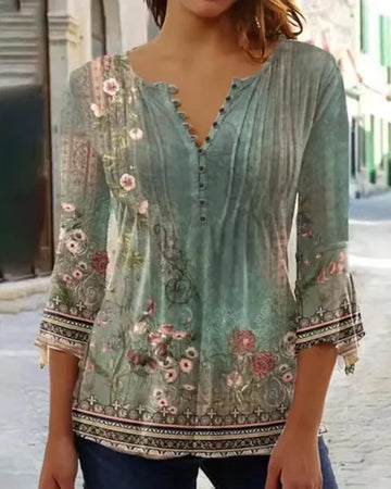Women's Blouse - Floral Pattern - V-Neck with Buttons - Three-Quarter Flared Sleeves - Relaxed Fit Breathable Fabric
