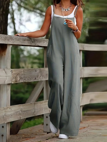 Women's Plus Size Jumpsuit - Wide Leg Sleeveless Relaxed Fit - Casual with Pockets