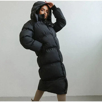 Women’s Long Puffer Jacket – Oversized Fit – Hooded – Quilted Weather-Resistant Warmth