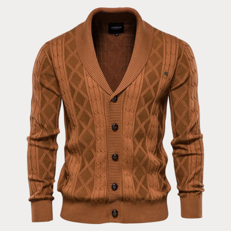 Men’s Cardigan – Regular Fit – Knit Texture – Shawl Collar – Button-Up Heritage Style