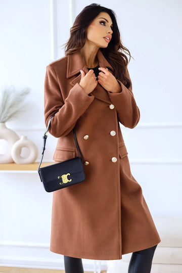 Women's Double-Breasted Coat - Wool Blend - Mid-Length - Notched Lapel - Elegant Formal Wear