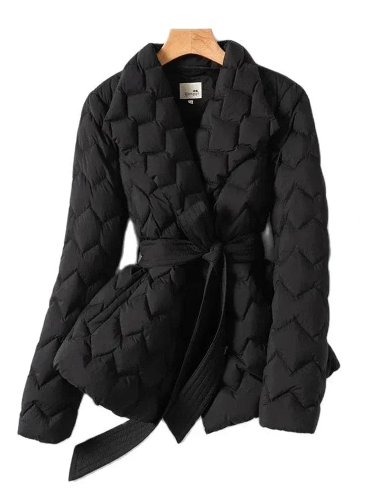 Women’s Puffer Jacket – Diamond Quilted – Belted Waist – Structured Fit – Cozy Warmth