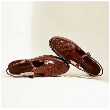 Women’s Leather Sandals – Woven Upper – T-Strap – Adjustable Buckle – Stitch Detail