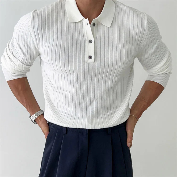 Men’s Knit Polo Shirt – Slim Fit – Ribbed Texture – Long Sleeve – Smart Casual
