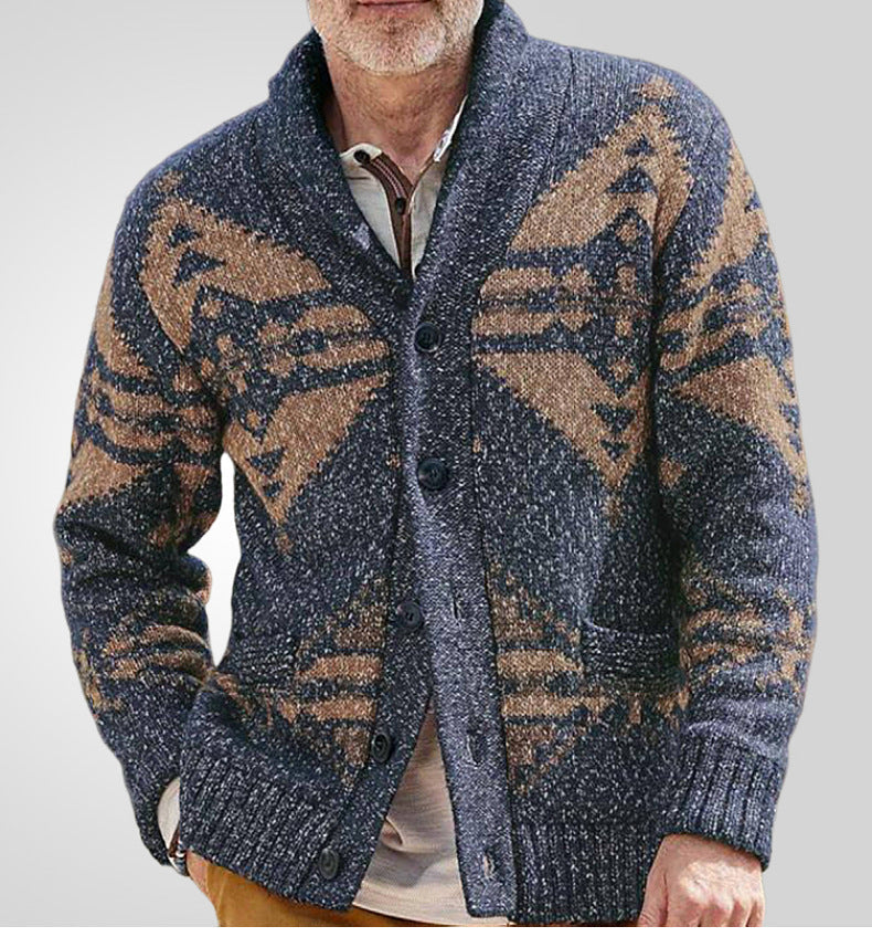 Men’s Cardigan Sweater – Relaxed Fit – Wool Knit – Turn-Down Collar – Geometric Pattern