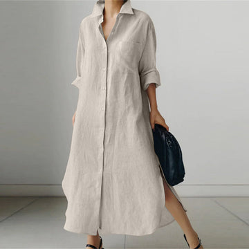 Women's Shirt Dress - Lightweight Linen Blend - Button-Down - Long Sleeve - Relaxed Fit