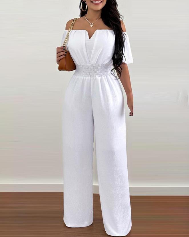 Women's Off-Shoulder Jumpsuit - Ruched Bodice - Smocked Waist - Wide-Leg Flowy Design