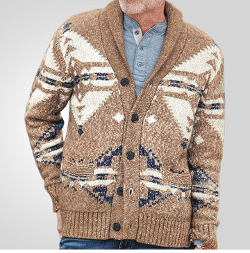 Men’s Cardigan Sweater – Relaxed Fit – Wool Knit – Turn-Down Collar – Geometric Pattern