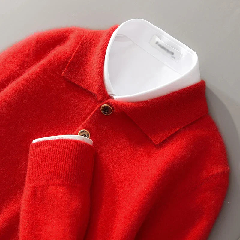 Men’s Pullover Sweatshirt – Wool Knit – Relaxed Fit – Polo Collar – Button Neckline