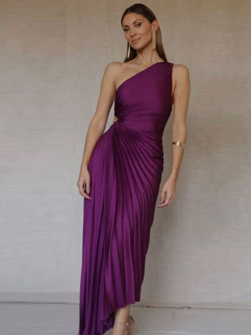 Women's Evening Gown - One-Shoulder Asymmetrical Design - Pleated Full-Length Elegant Dress