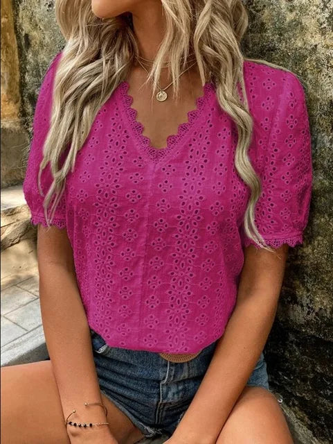 Women's Lace Blouse - Eyelet Detailing - Scalloped V-Neck - Short Puff Sleeves - Lightweight Elegant Design