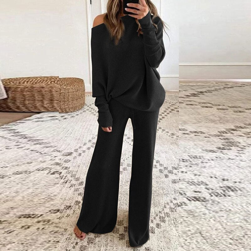 Women’s Lounge Set – Ribbed Knit – Oversized Off-Shoulder Top & Wide Leg Pants